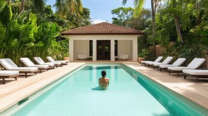 Fototapeta premium Serene Poolside Oasis Surrounded by Palm Trees