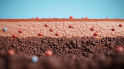 Close-up of soil layers with red and blue spheres representing molecules.