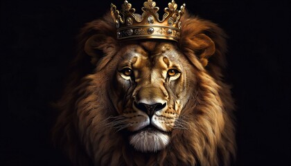 lion head with golden king crown on black background