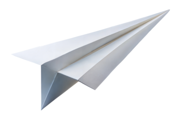 Paper airplane, transparent or white isolated background.