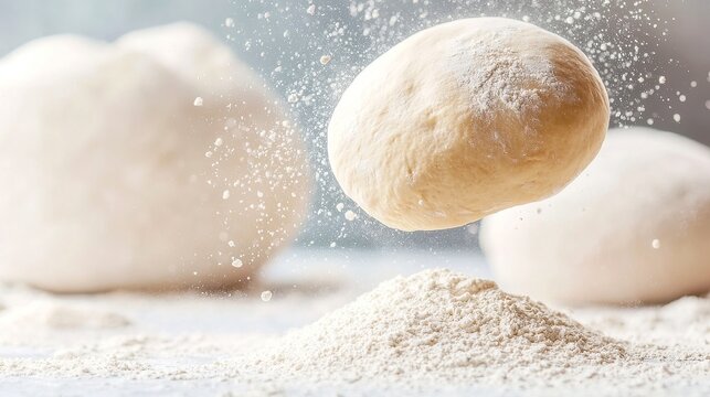 Dough Cascade, a mesmerizing scene of bread dough gracefully falling onto a bed of flour, capturing the beauty and movement of baking in a serene kitchen setting.