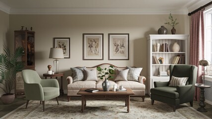 Fototapeta premium Classic Vintage A classic living room with a white sofa, two green armchairs, a coffee table, a bookcase, a side table, and three framed botanical prints on the wall.
