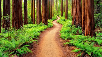 Fototapeta premium Majestic Redwood Grove, towering trees enveloped in mist, vibrant ferns carpet the forest floor, serene atmosphere invites exploration, rich biodiversity thrives in Otway National Park.