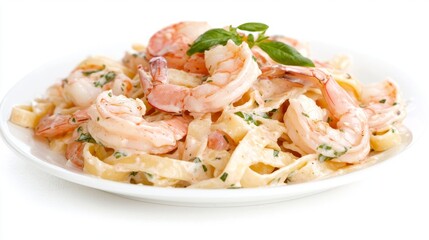 Creamy pasta with shrimp and basil garnish on a white plate.