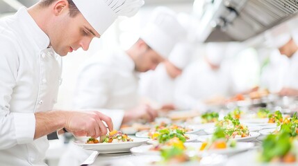 Culinary Mastery in Action, chefs skillfully preparing exquisite dishes in a bustling restaurant kitchen, vibrant ingredients and sizzling pans, an atmosphere filled with creativity and passion