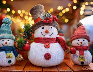 Holiday sale on seasonal decorations with miniature Christmas snowmen wearing red hats and scarves on table in store 