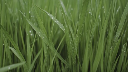 Dewdrops glisten on blades of green grass in a close-up shot.