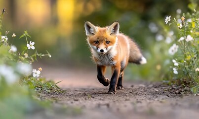 A young red fox kit walks on a dirt path towards the camera with white flowers on the sides.