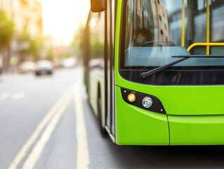 Close-up view of a modern green bus on an urban street, showcasing its sleek design and eco-friendly features.
