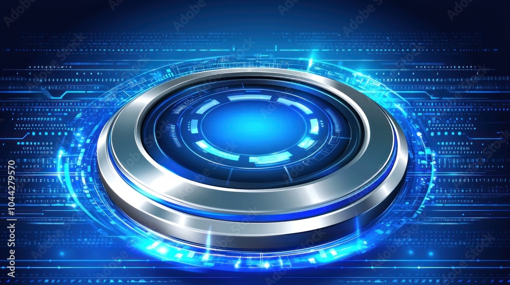 Fototapete futuristic blue and silver circular interface with glowing lines and digital code