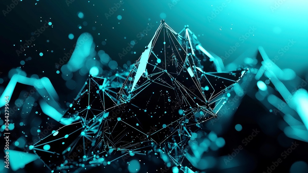 Poster futuristic network structure, triangles and dots interconnected, visualizing artificial intelligence