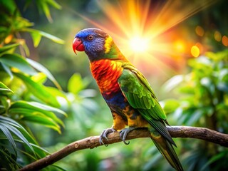 Obraz premium Colorful Polly Parrot in Lush Tropical Setting with High Depth of Field for Nature Lovers and Wildlife Enthusiasts