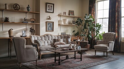Classic Vintage A spacious living room with a sofa, two armchairs, and a coffee table. The room is decorated with plants, artwork, and a rug.