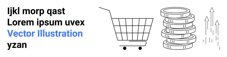 A shopping cart next to a stack of coins with upward arrows. Ideal for e-commerce, financial growth, investment, online shopping, and business success themes. Banner for landing page