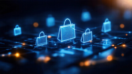 Digital shopping bags on a network, futuristic background, glowing elements