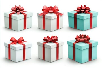 Fototapeta premium A set of six white and red boxes with red bows on top. Boxing Day concept