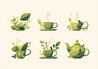 Logo Design Featuring a Set of Green Tea Cup Icons, Showcasing a Simple and Minimalistic Style on a White Background, Emphasizing Natural Health and Wellness with Elements Like Leaves and Rising Steam