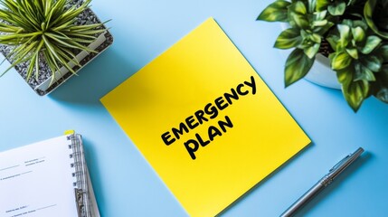 A yellow post it that says Emergency Plan