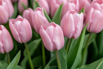 Fototapeta premium A bunch of pink tulips are in a field