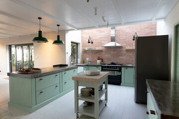 At home, Modern kitchen with mint green cabinets and stainless steel appliances