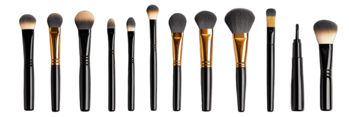 Various collection of professional makeup brushes isolated on transparent background