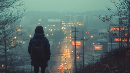 Silhouette of a Person in a Foggy Cityscape at Night