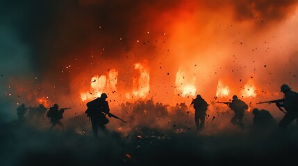 Fototapeta premium Soldiers in the midst of a fiery battle