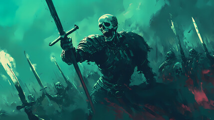 Skeletal viking lord, leading his army of the damned with demonic fury. Demonic Overlord. Illustration