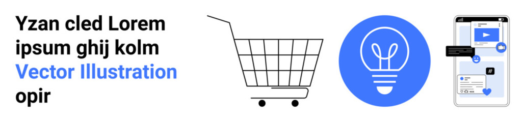 A shopping cart an idea lightbulb and a smartphone with app elements. Ideal for online shopping ideas mobile apps e-commerce and technology. Banner for landing page