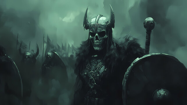 Skeletal viking lord, leading his army of the damned with demonic fury. Demonic Overlord. Illustration