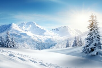 Fototapeta premium A snowy mountain range with a bright sun shining on a tree