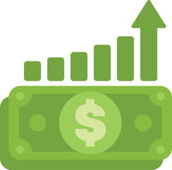 Green dollar bill with a green bar chart growing from it showing increasing profits