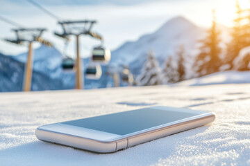 A cell phone is laying on the snow in front of a ski lift