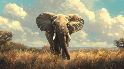 Fototapeta premium Majestic african elephant standing tall in savannah habitat. Titanic Behemoth. Illustration