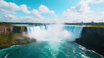 Fototapeta premium Sunlight Shining Through Mist at Waterfall Base