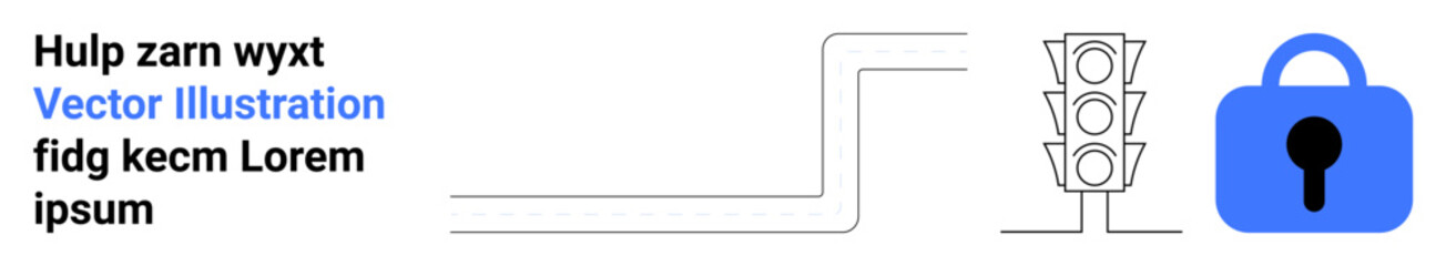 Road and traffic light with a blue lock symbol on a white background. Ideal for themes of digital security technology web development and online safety. Banner for landing page