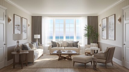 Fototapeta premium Coastal Beach Modern living room with a coastal view.