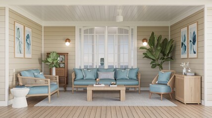 Coastal Beach Cozy living room with blue sofa, wooden coffee table, and light-toned walls.