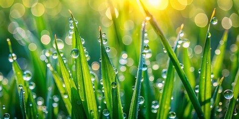 Fototapeta premium Dewdrops on Grass: Capturing Nature's Beauty in Macro Photography