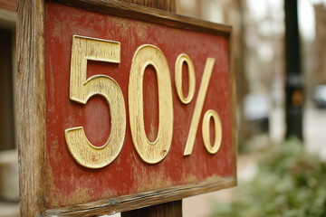 Vintage sale sign displaying "50%" discount in bold golden letters on a red background
