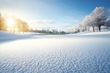 A snowy field with trees in the background