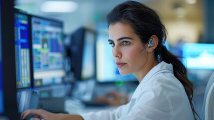 A skilled call center operator effortlessly handles inquiries while providing exceptional customer service in a bright office space.