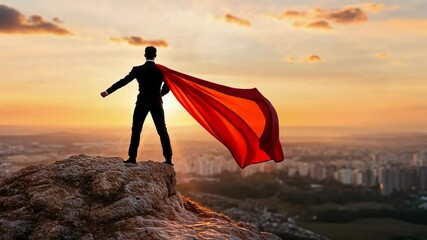 A man stands on a mountaintop wearing a red cape, looking out at the city skyline as the sun sets