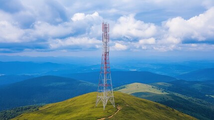 Obraz premium Telecommunication Tower on Mountain Peak Under Clouds