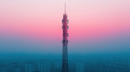 Obraz premium Telecommunication Tower at Sunset with Antennas