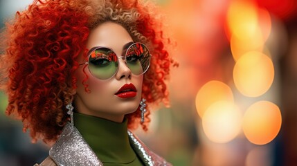 Obraz premium Vivid closeup of a womans face featuring neon reflections on her shades, bright makeup, and dazzling glitter.