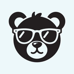 panda head with glasses silhouette vector icon black and white, panda head logo vector.