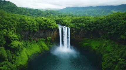 Fototapeta premium Serene Tropical Waterfall Surrounded by Lush Greenery