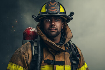 Fototapeta premium Firefighter in Full Gear with Smoke Background