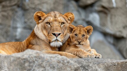 Obraz premium A lioness nurtures her playful cub in the wild, showcasing the beauty of animals in their natural habitat.